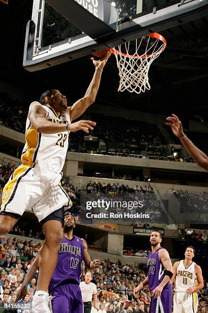 Stephen Graham of the Indiana Pacers lays one in the basket against the Sacramento Kings at Conseco Fieldhouse on January 3, 2009 in Indianapolis,...