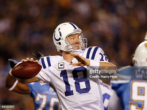 Quarterback Peyton Manning of the Indianapolis Colts drops back to pass during the AFC Wild Card Game against the San Diego Chargers on January 3,...