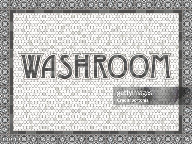 vintage mosaic tile washroom typography design - monochrome bathroom stock illustrations