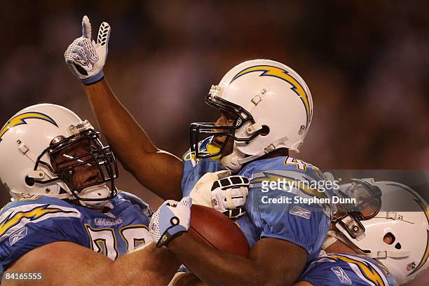 Darren Sproles of the San Diego Chargers celebrates a touchdown against the Indianapolis Colts during their AFC Wild Card Game on January 3, 2009 at...