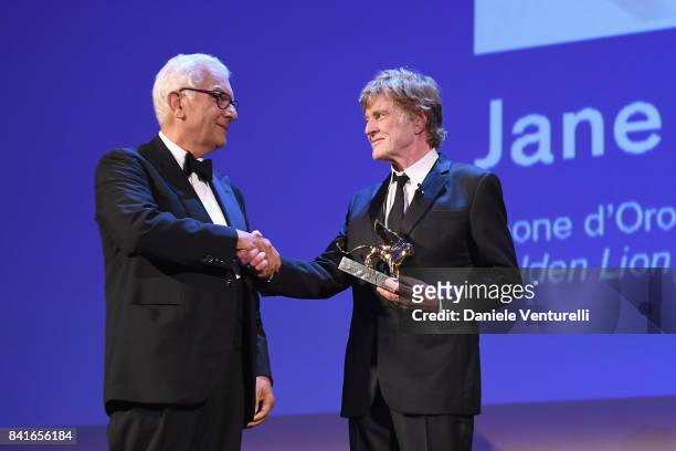 Robert Redford receives by President of the festival Paolo Baratta a Golden Lion For Lifetime Achievement Award during the 74th Venice Film Festival...