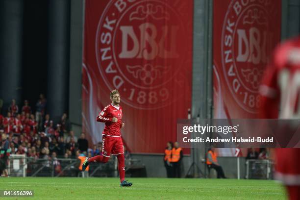 Nicklas Bendtner of Denmark comes on as a substitute during the FIFA 2018 World Cup Qualifier between Denmark and Poland at Parken Stadion on...