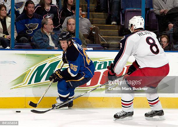 Yan Stastny of the St. Louis Blues skates against Jan Hejda of the Columbus Blue Jackets on January 3, 2009 at Scottrade Center in St. Louis,...