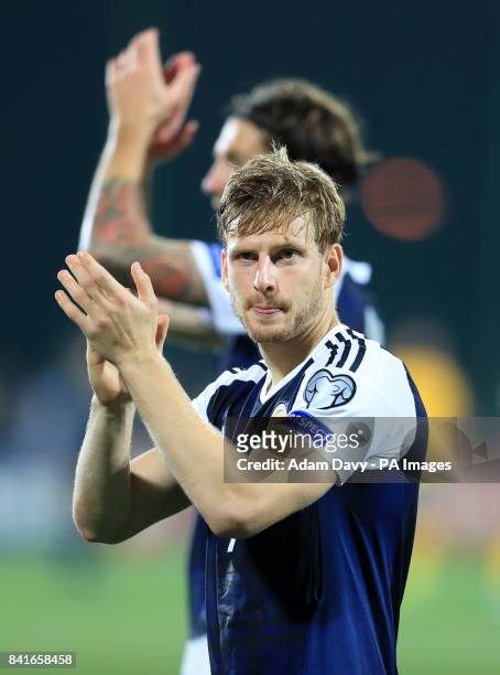 Scotland's Stuart Armstrong and his team-mates applaud the fans after the 2018 FIFA World Cup Qualifying, Group F match at the LFF Stadium, Vilnius.