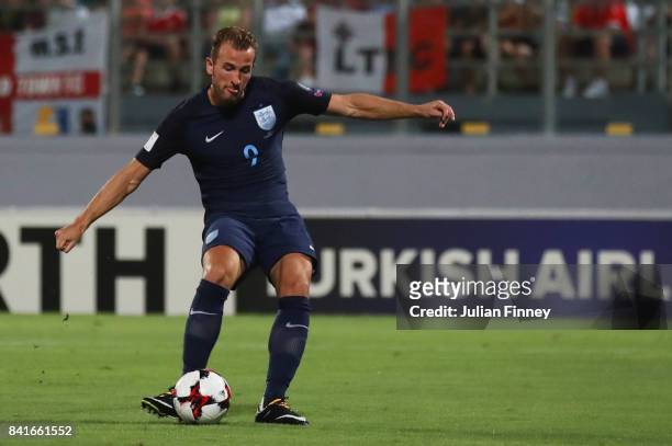 Harry Kane of England scores their first goal during the FIFA 2018 World Cup Qualifier between Malta and England at Ta'Qali National Stadium on...