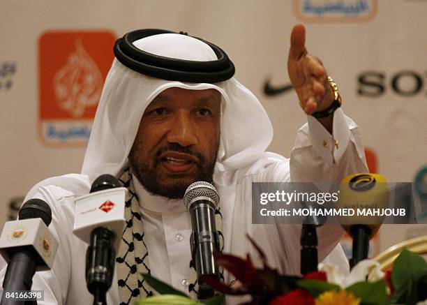 Asian Football Confederation president Mohammed bin Hammam of Qatar speaks during a press conference ahead of the 19th Gulf Cup in Muscat on January...