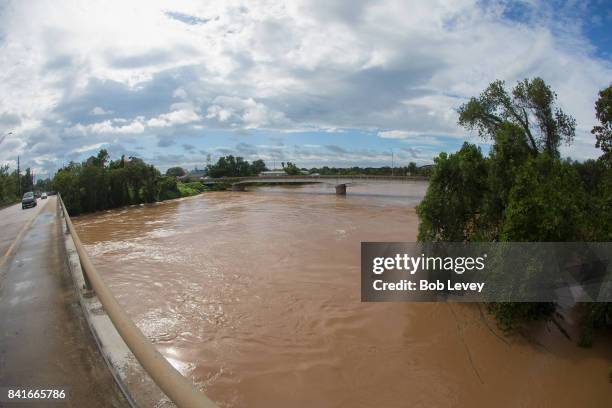 The Brazos River on Highway 90A reaches record level due to rain fall off from Hurricane Harvey on September 1, 2017 in Richmond, Texas. Harvey,...