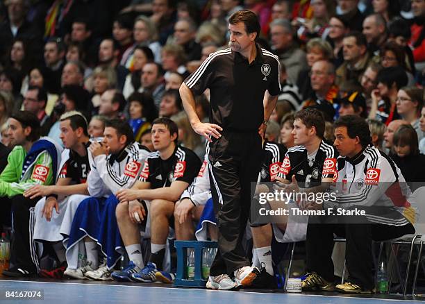 Head coach Heiner Brand of Germany looks on during the International Handball Friendly match between Germany and Greece at the Rothenbach-Halle on...