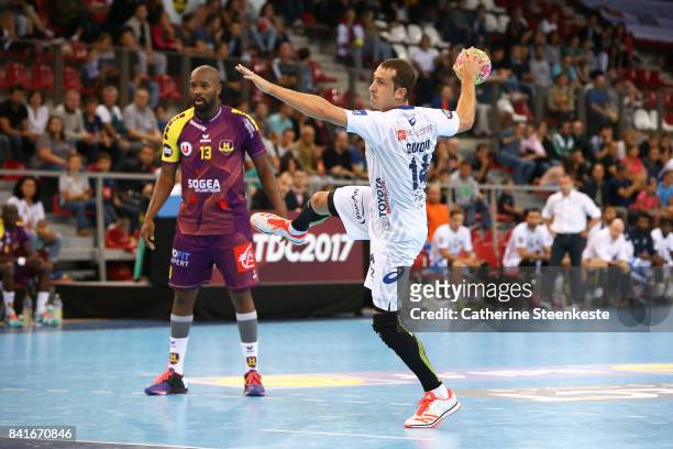 Michael Guigou of Montpellier Handball is shooting a penalty during the Trophee des Champions Tournament match between HBC Nantes and Montpellier...