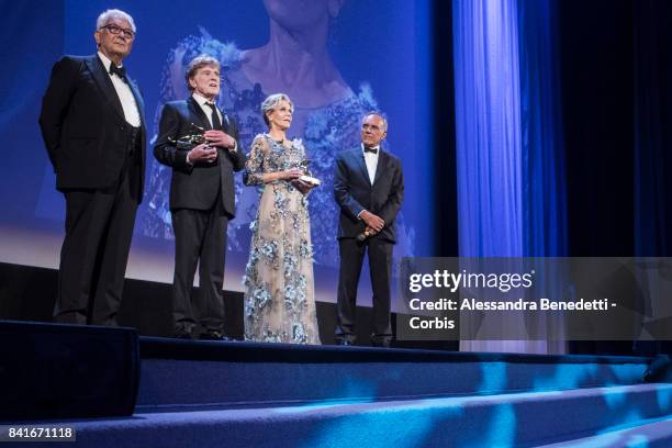 Robert Redford and Jane Fonda receive the Golden Lion Lifetime Achievement Award during the 74th Venice Film Festival on September 1, 2017 in Venice,...