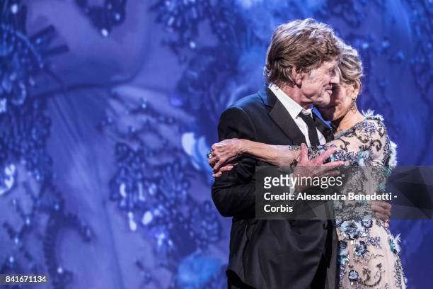 Robert Redford and Jane Fonda receive the Golden Lion Lifetime Achievement Award during the 74th Venice Film Festival on September 1, 2017 in Venice,...