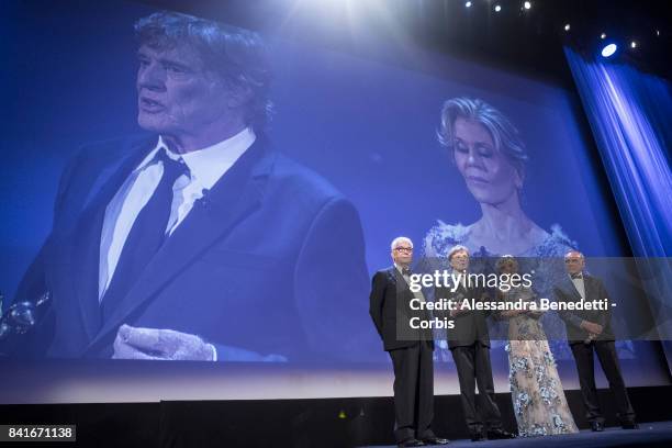 Robert Redford and Jane Fonda receive the Golden Lion Lifetime Achievement Award during the 74th Venice Film Festival on September 1, 2017 in Venice,...