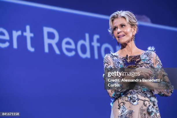 Robert Redford and Jane Fonda receive the Golden Lion Lifetime Achievement Award during the 74th Venice Film Festival on September 1, 2017 in Venice,...