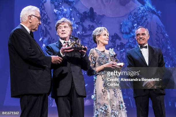 Robert Redford and Jane Fonda receive the Golden Lion Lifetime Achievement Award during the 74th Venice Film Festival on September 1, 2017 in Venice,...