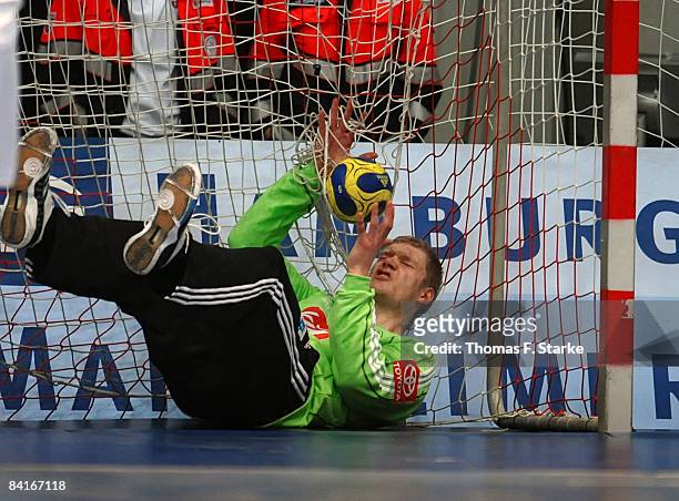 Silvio Heinevetter of Germany lies on the ground in his goal during the International Handball Friendly match between Germany and Greece at the...