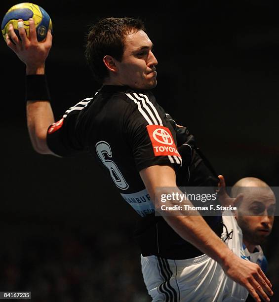 Michael Mueller of Germany and Georgios Zaravinas of Greece in action during the International Handball Friendly match between Germany and Greece at...