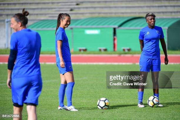 Ines Kore of Paris FC, Ami Otaki of Paris FC and Celine Deville of Paris FC during a training session on September 1, 2017 in Bondoufle, France.