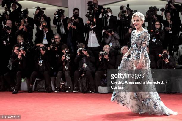 Jane Fonda walks the red carpet ahead of the 'Lean On Pete' screening during the 74th Venice Film Festival at Sala Grande on September 1, 2017 in...