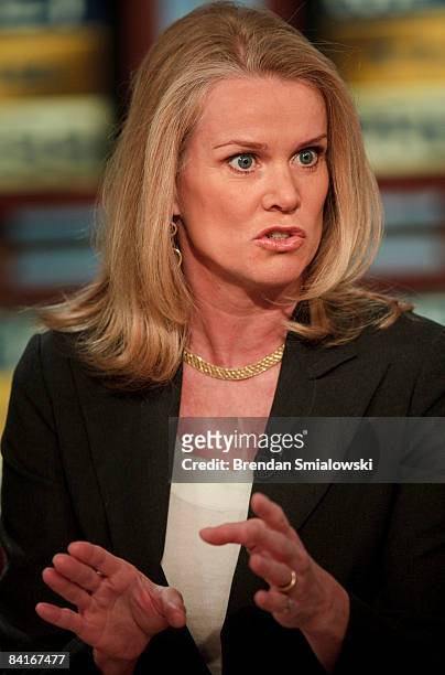 World News America's Washington Correspondent Katty Kay speaks to host David Gregory during a live taping of "Meet the Press" at the NBC studios on...