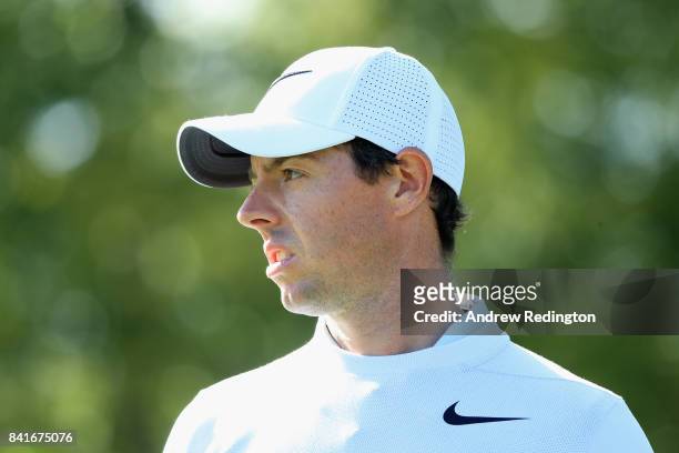 Rory McIlroy of Northern Ireland stands on the 13th hole during round one of the Dell Technologies Championship at TPC Boston on September 1, 2017 in...