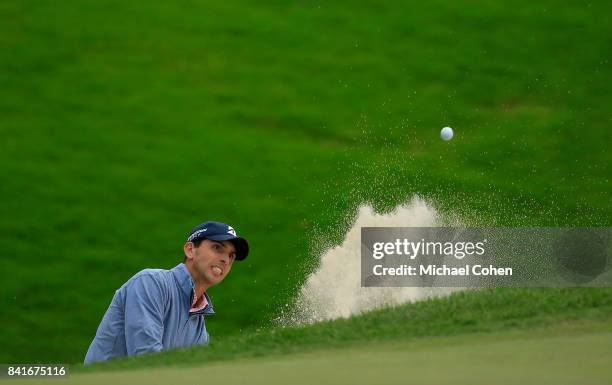 Seth Reeves hits his third shot on the16th hole from a bunker during the second round of the Nationwide Children's Hospital Championship held at The...