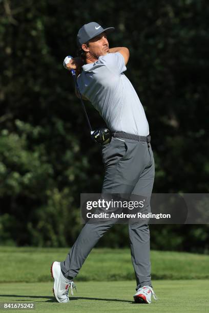 Jamie Lovemark of the United States plays his shot from the 14th tee during round one of the Dell Technologies Championship at TPC Boston on...