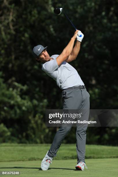 Jamie Lovemark of the United States plays his shot from the 14th tee during round one of the Dell Technologies Championship at TPC Boston on...