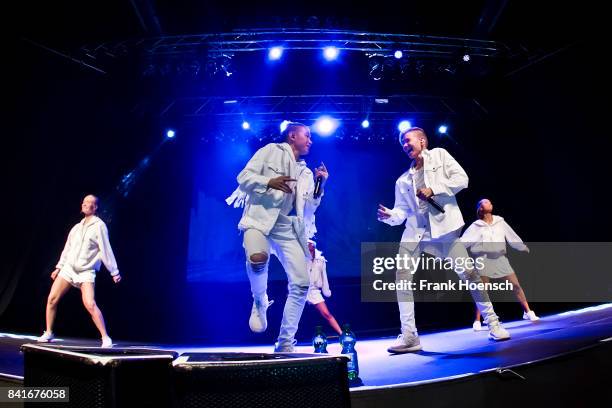 Marcus Gunnarsen and Martinus Gunnarsen of the Norwegian band Marcus & Martinus perform live on stage during a concert at the Huxleys on September 1,...