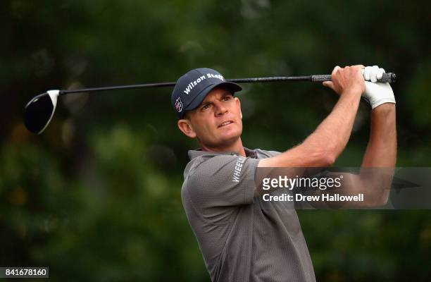 Brendan Steele of the United States plays his shot from the ninth tee during round one of the Dell Technologies Championship at TPC Boston on...