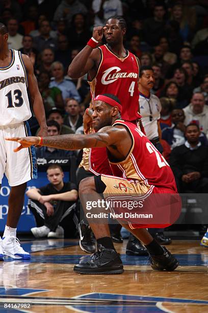 LeBron James of the Cleveland Cavaliers reacts after making a tough shot against the Washington Wizards at the Verizon Center January 4, 2009 in...