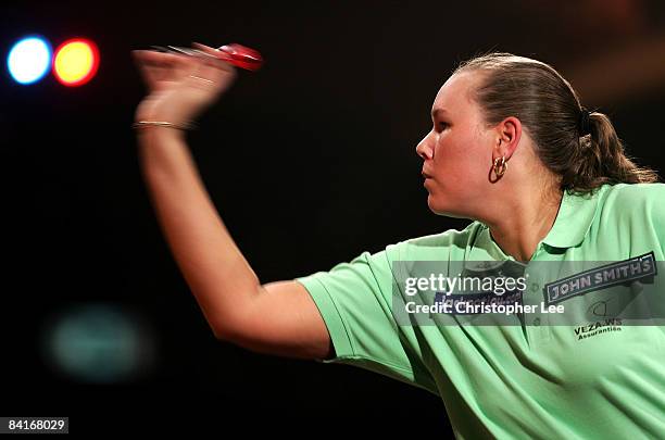 Rilana Erades of Holland in action against Julie Gore of Wales during the Lakeside World Darts Championships 1st Round match at Lakeside on January...