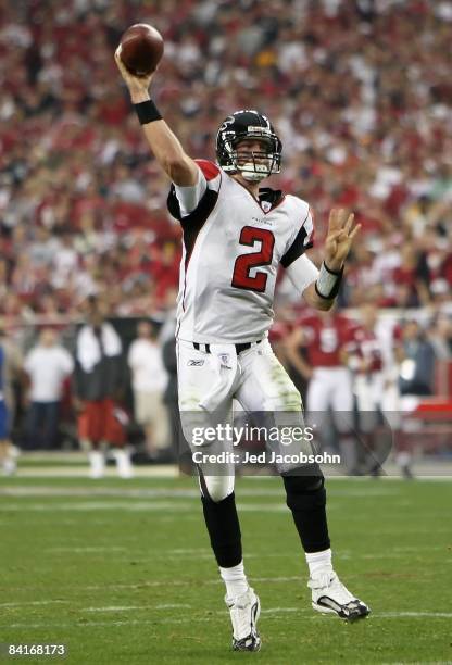 Quarterback Matt Ryan of the Atlanta Falcons walks throws a pass in the NFC Wild Card Game against the Arizona Cardinals on January 3, 2009 at...