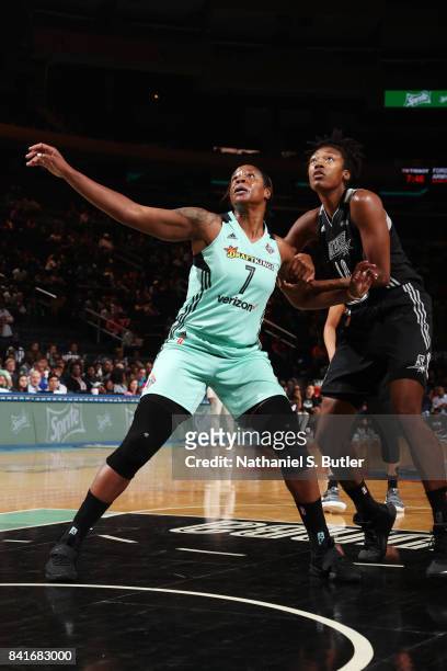 Kia Vaughn of the New York Liberty plays defense against Kayla Alexander of the San Antonio Stars on September 1, 2017 at Madison Square Garden in...