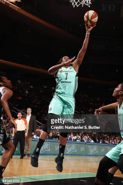 Kia Vaughn of the New York Liberty shoots the ball against the San Antonio Stars on September 1, 2017 at Madison Square Garden in New York, New York....