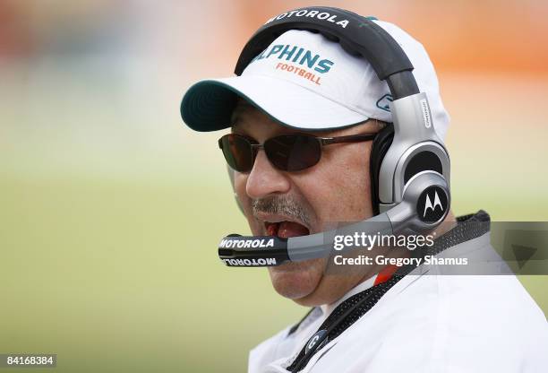 Head coach Tony Sparano of the Miami Dolphins yells from the sideline while playing the Baltimore Ravens during their AFC Wild Card playoff game on...