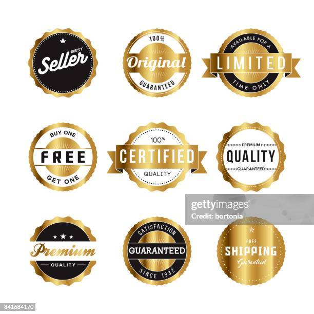 assorted golden retro product marketing labels icon set - limited time stock illustrations