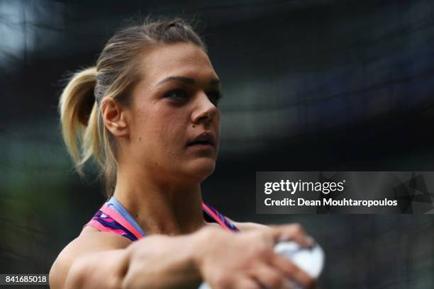 Sandra Perkovic of Croatia competes in the Discus Throw Women during the AG Memorial Van Damme Brussels as part of the IAAF Diamond League 2017 at...