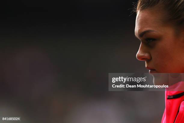 Sandra Perkovic of Croatia looks on before she competes in the Discus Throw Women during the AG Memorial Van Damme Brussels as part of the IAAF...