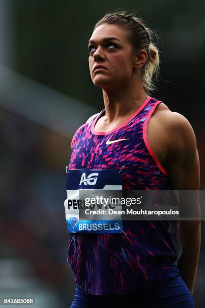 Sandra Perkovic of Croatia stretches as she competes in the Discus Throw Women during the AG Memorial Van Damme Brussels as part of the IAAF Diamond...