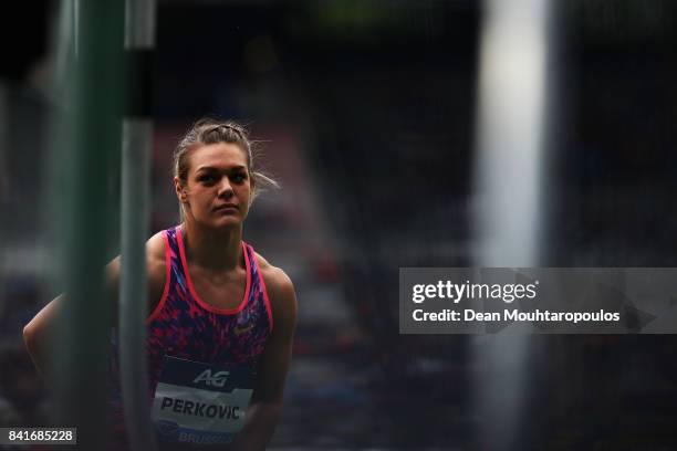 Sandra Perkovic of Croatia looks on before she competes in the Discus Throw Women during the AG Memorial Van Damme Brussels as part of the IAAF...