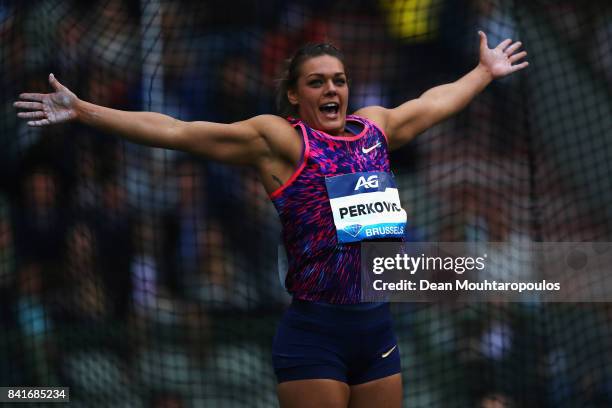 Sandra Perkovic of Croatia celebrates as she competes in the Discus Throw Women during the AG Memorial Van Damme Brussels as part of the IAAF Diamond...