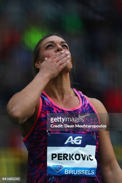 Sandra Perkovic of Croatia celebrates as she competes in the Discus Throw Women during the AG Memorial Van Damme Brussels as part of the IAAF Diamond...
