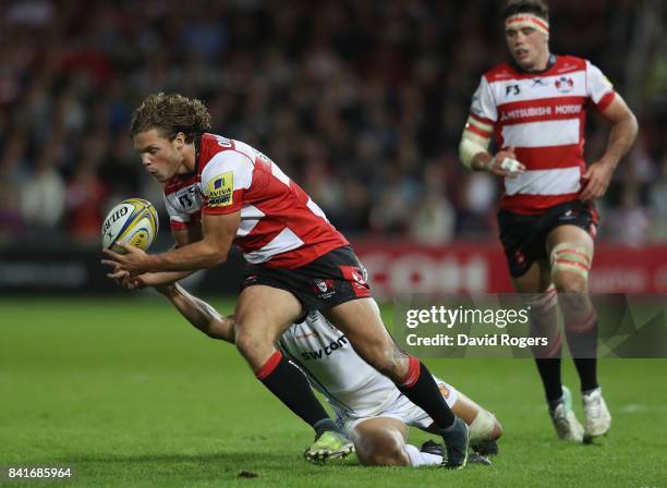Henry Purdy of Gloucester drops the ball as he is tackled during the Aviva Premiership match between Gloucester Rugby and Exeter Chiefs at Kingsholm...