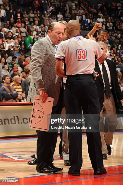 Head Coach Mike Dunleavy of the Los Angeles Clippers questions a call late in the fourth quarter of a game against the Detroit Pistons at Staples...