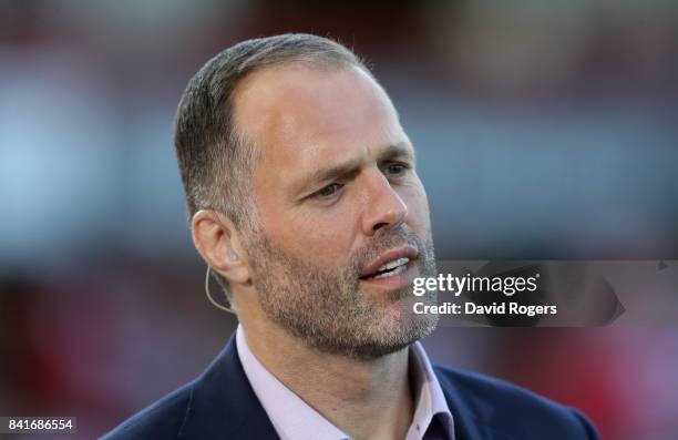 Former England international, now BT Sport rugby presenter Martin Bayfield looks on during the Aviva Premiership match between Gloucester Rugby and...