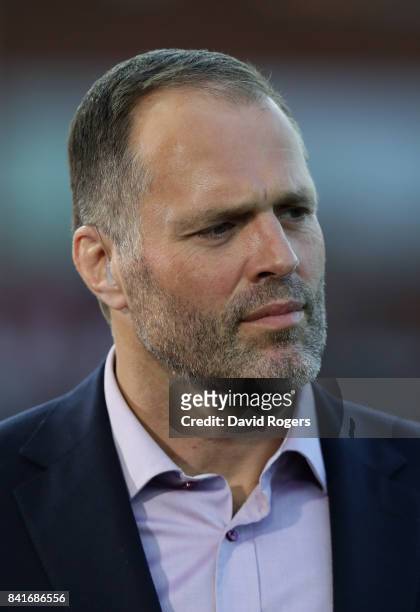 Former England international, now BT Sport rugby presenter Martin Bayfield looks on during the Aviva Premiership match between Gloucester Rugby and...