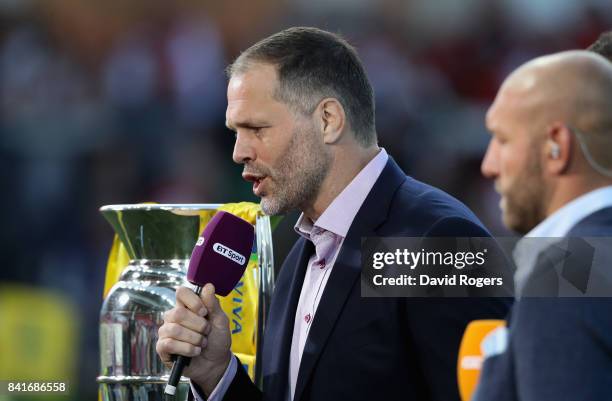 Former England international, now BT Sport rugby presenter Martin Bayfield looks on during the Aviva Premiership match between Gloucester Rugby and...