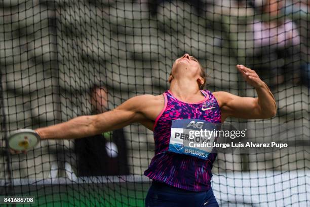 Sandra Perkovic of Croatia competes in women's Discus Throw during the AG Insurance Memorial Van Damme as part of the IAAF Diamond League 2017 in...