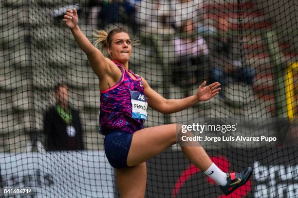 Sandra Perkovic of Croatia competes in women's Discus Throw during the AG Insurance Memorial Van Damme as part of the IAAF Diamond League 2017 in...