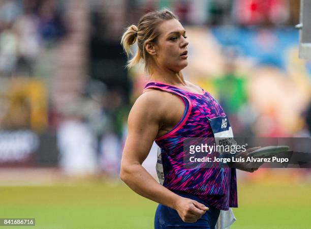 Sandra Perkovic of Croatia competes in women's Discus Throw during the AG Insurance Memorial Van Damme as part of the IAAF Diamond League 2017 in...
